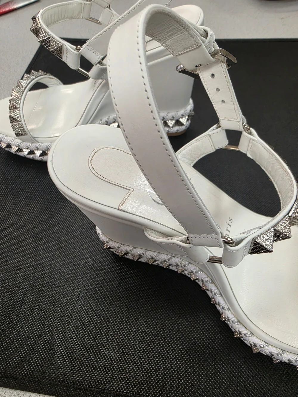 Christian Louboutin White Studded Leather Ankle Strap Sandal Pyraclou